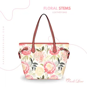 Floral Stems Leather Bag | Watercolor Peonies Pattern | Perfect Gift for Her | Elegant & Durable Fashion Tote
