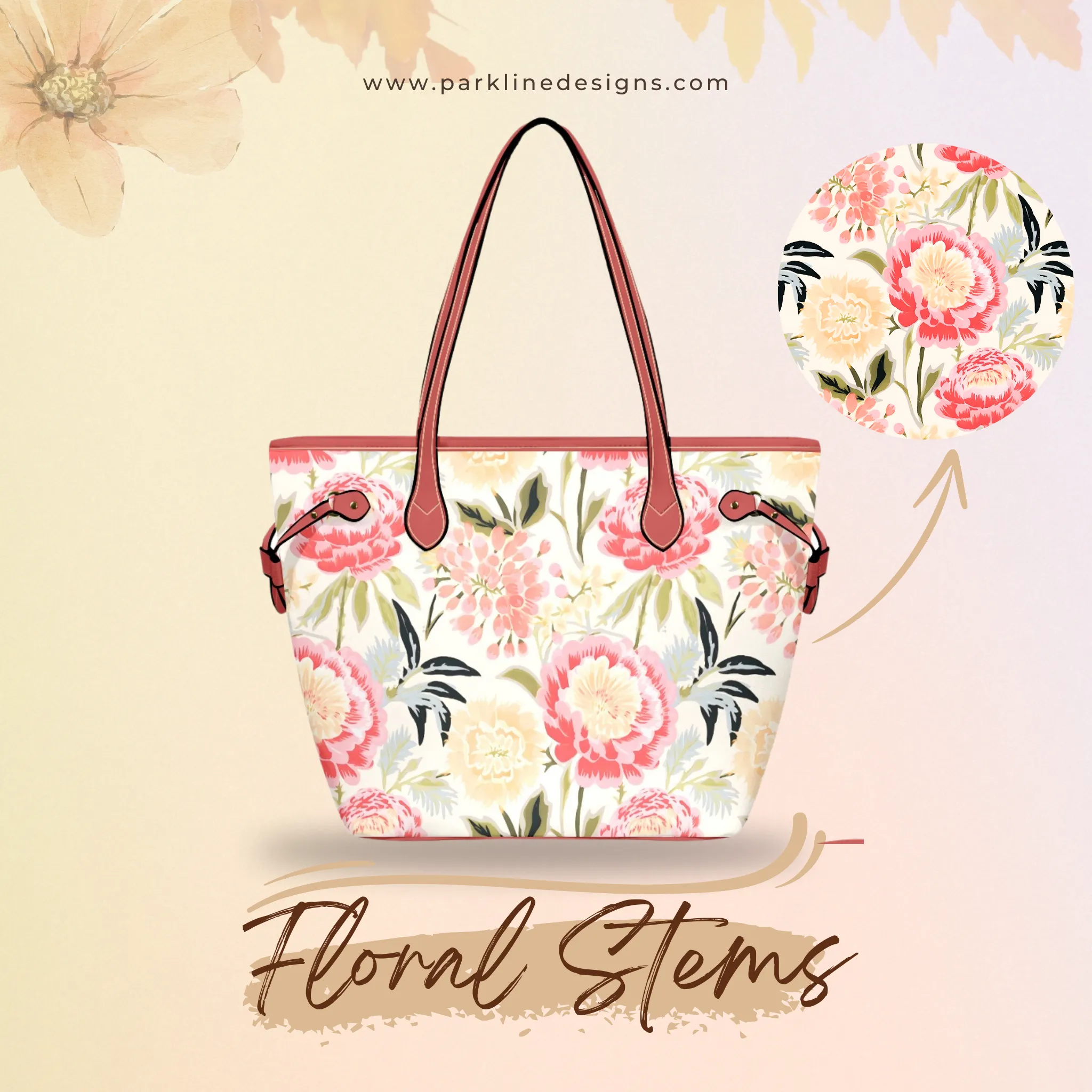 Floral Stems Leather Bag | Watercolor Peonies Pattern | Perfect Gift for Her | Elegant & Durable Fashion Tote