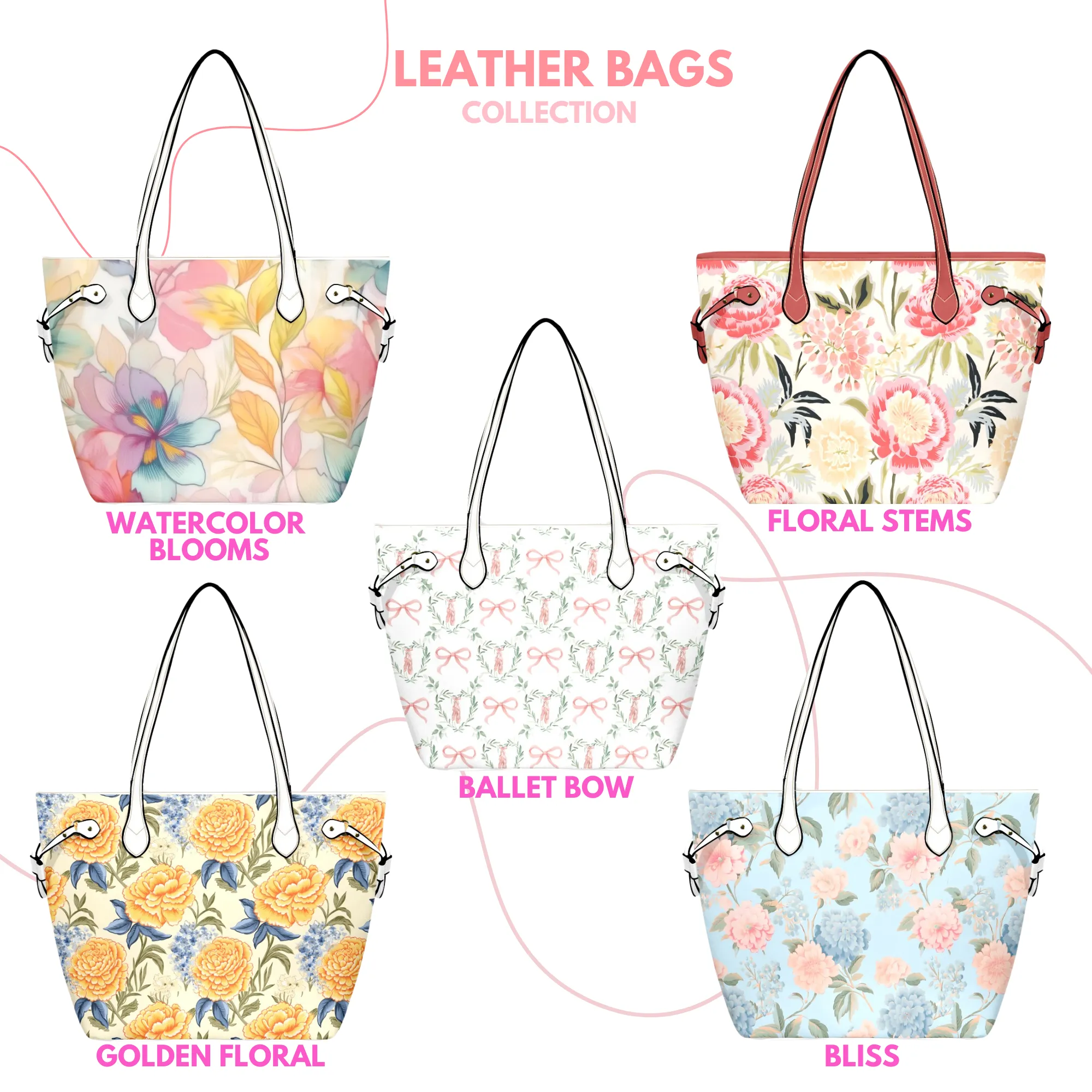 Floral Stems Leather Bag | Watercolor Peonies Pattern | Perfect Gift for Her | Elegant & Durable Fashion Tote