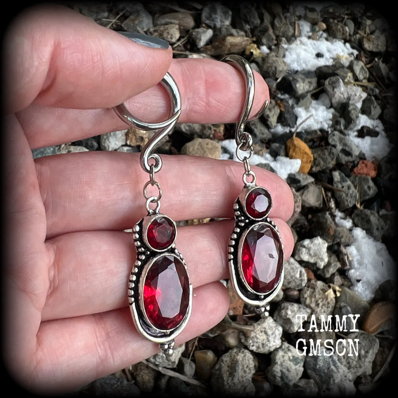 Garnet gauged earrings-Gemstone ear weights