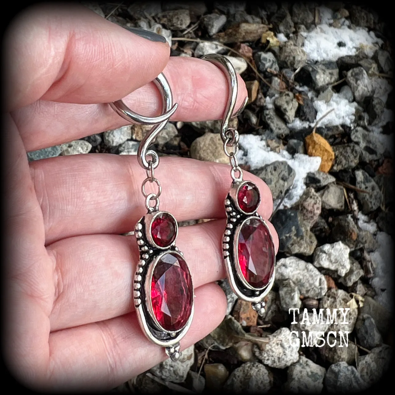 Garnet gauged earrings-Gemstone ear weights