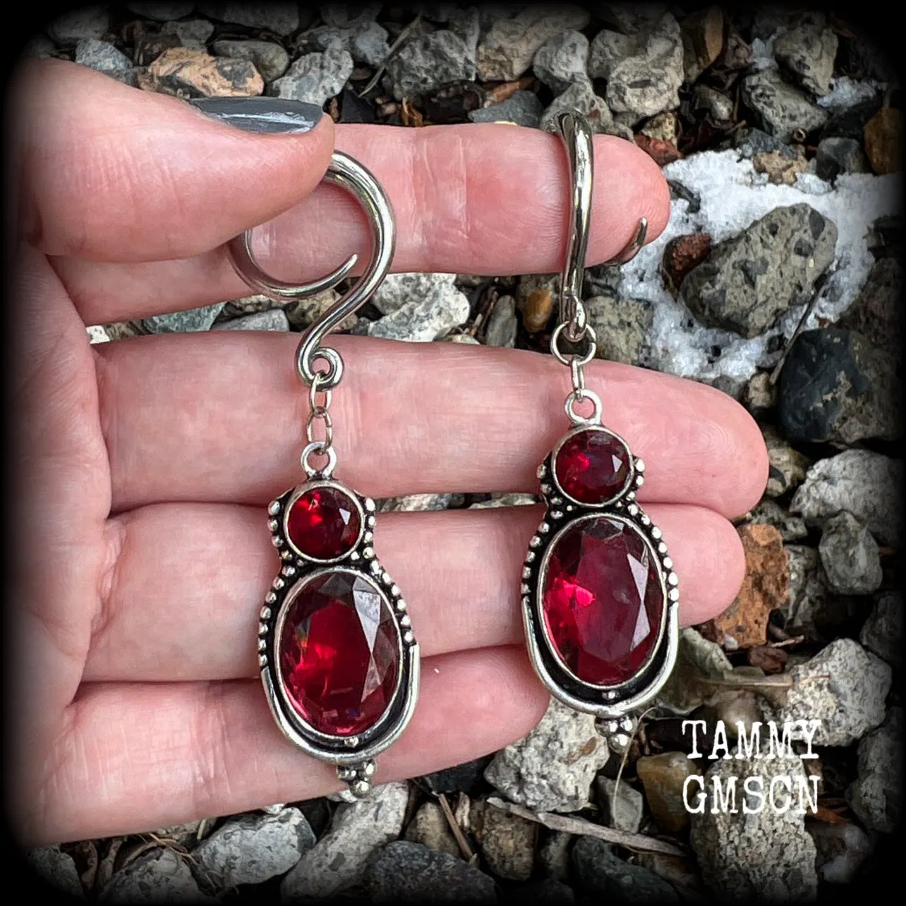 Garnet gauged earrings-Gemstone ear weights