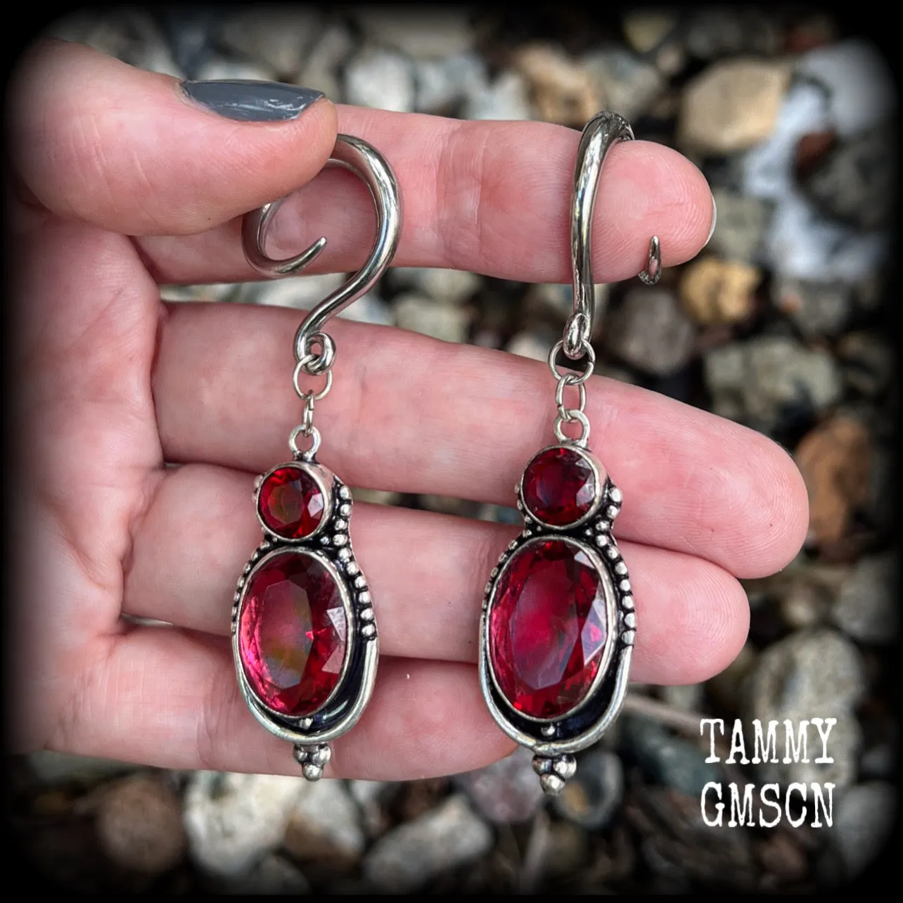 Garnet gauged earrings-Gemstone ear weights