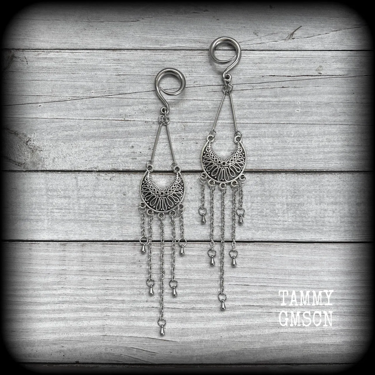Goddess Ishtar gauged earrings-Ornate ear hangers