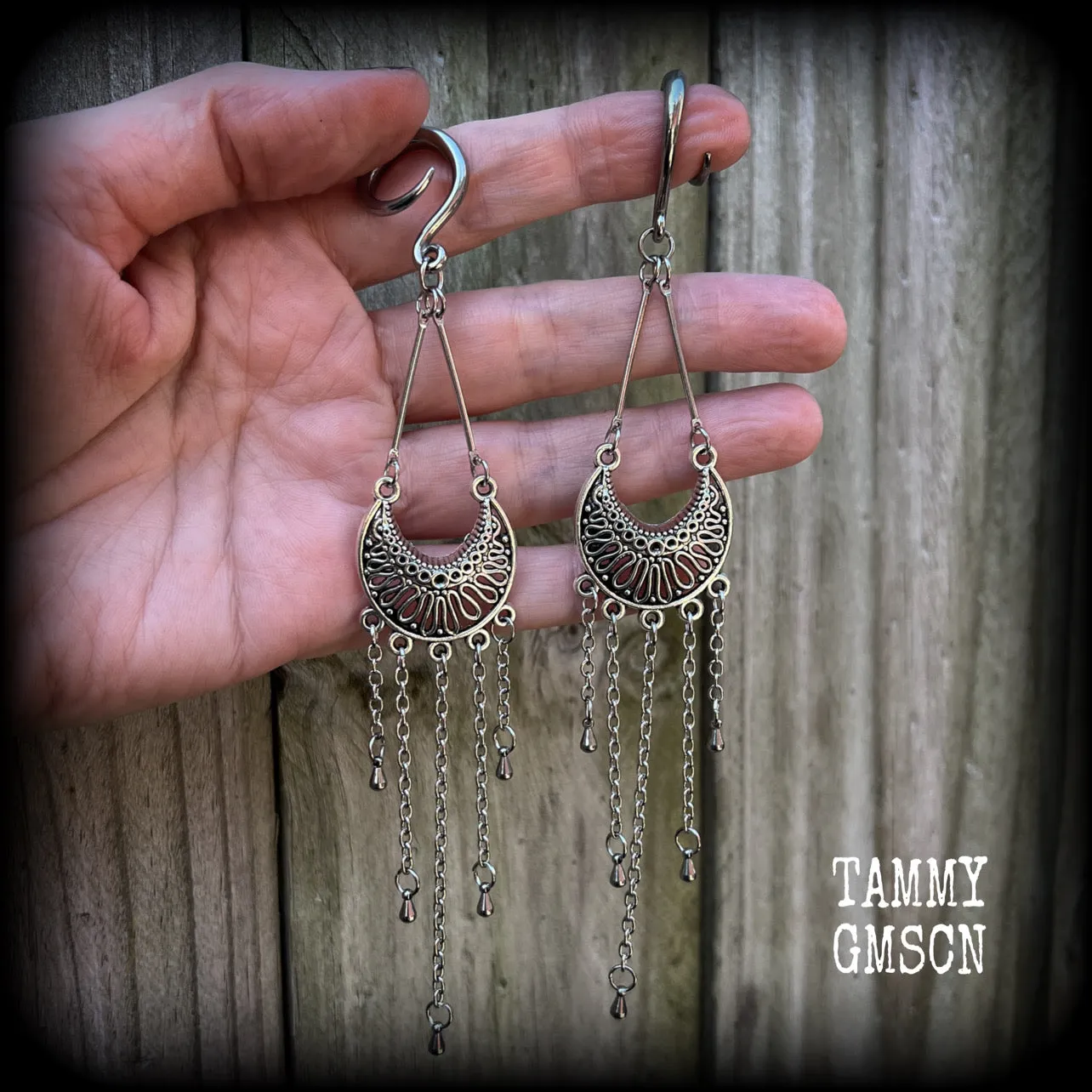 Goddess Ishtar gauged earrings-Ornate ear hangers
