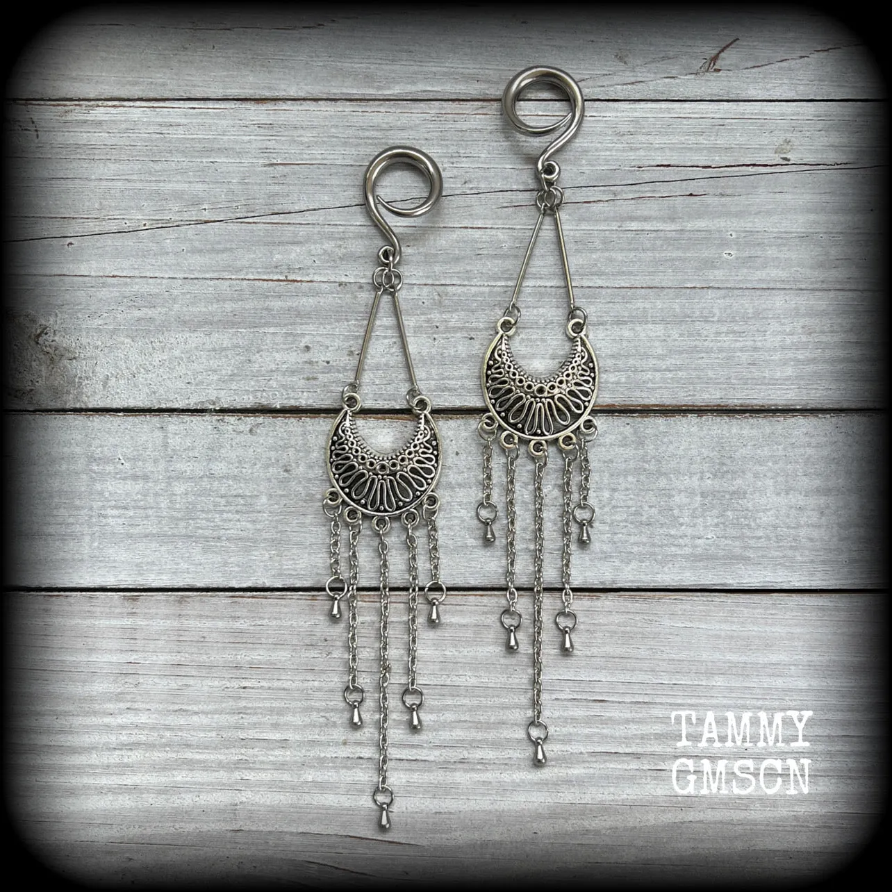 Goddess Ishtar gauged earrings-Ornate ear hangers
