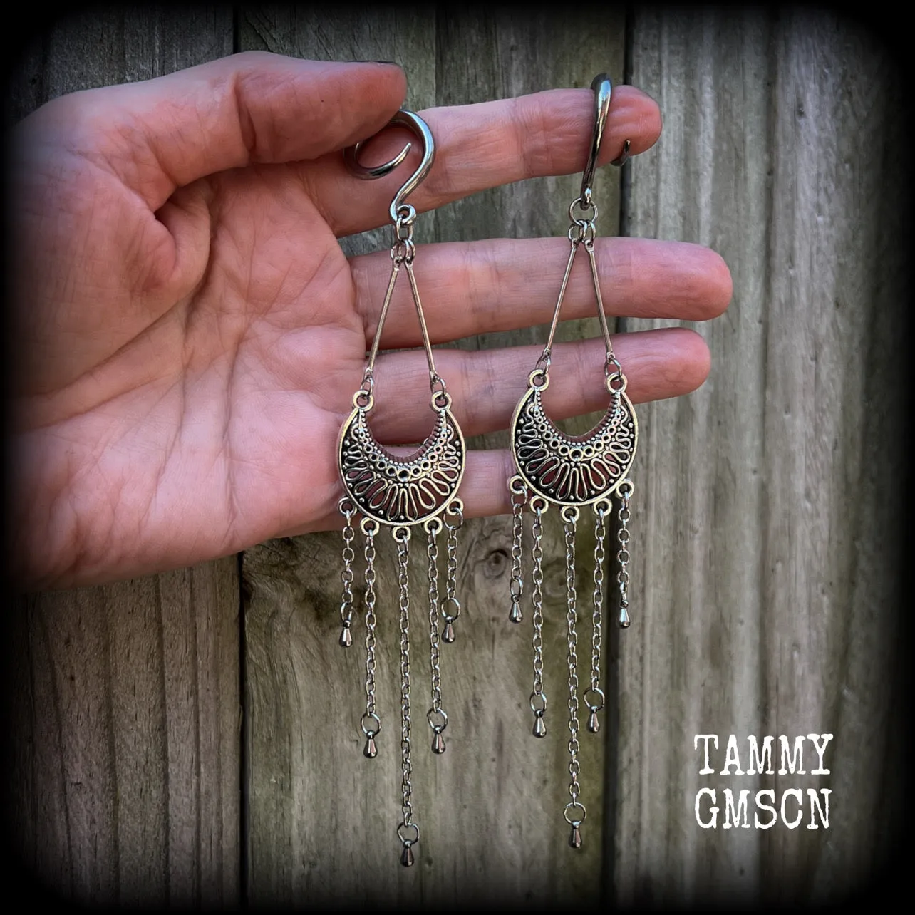 Goddess Ishtar gauged earrings-Ornate ear hangers
