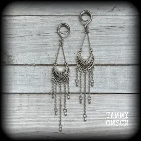 Goddess Ishtar gauged earrings-Ornate ear hangers