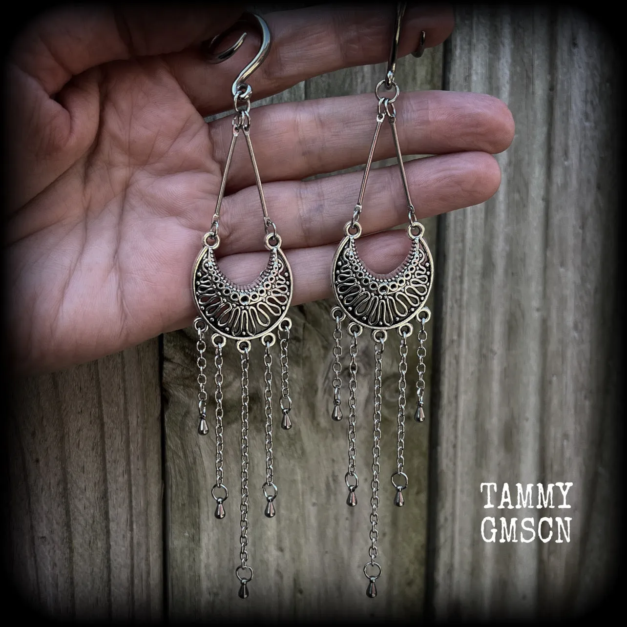 Goddess Ishtar gauged earrings-Ornate ear hangers