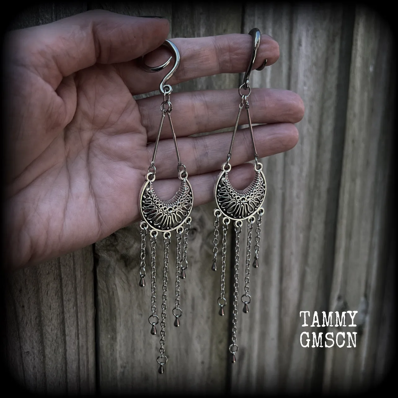 Goddess Ishtar gauged earrings-Ornate ear hangers