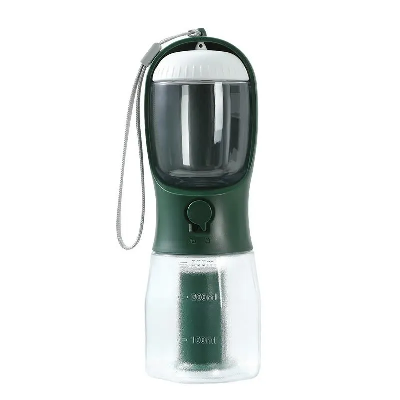 Green 3-in-1 Portable Pet Water Bottle with Food Storage and Waste Bag Dispenser - 300mL Capacity