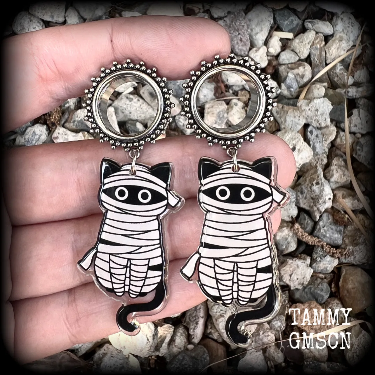 Halloween cat earrings-The Mummy tunnel dangles
