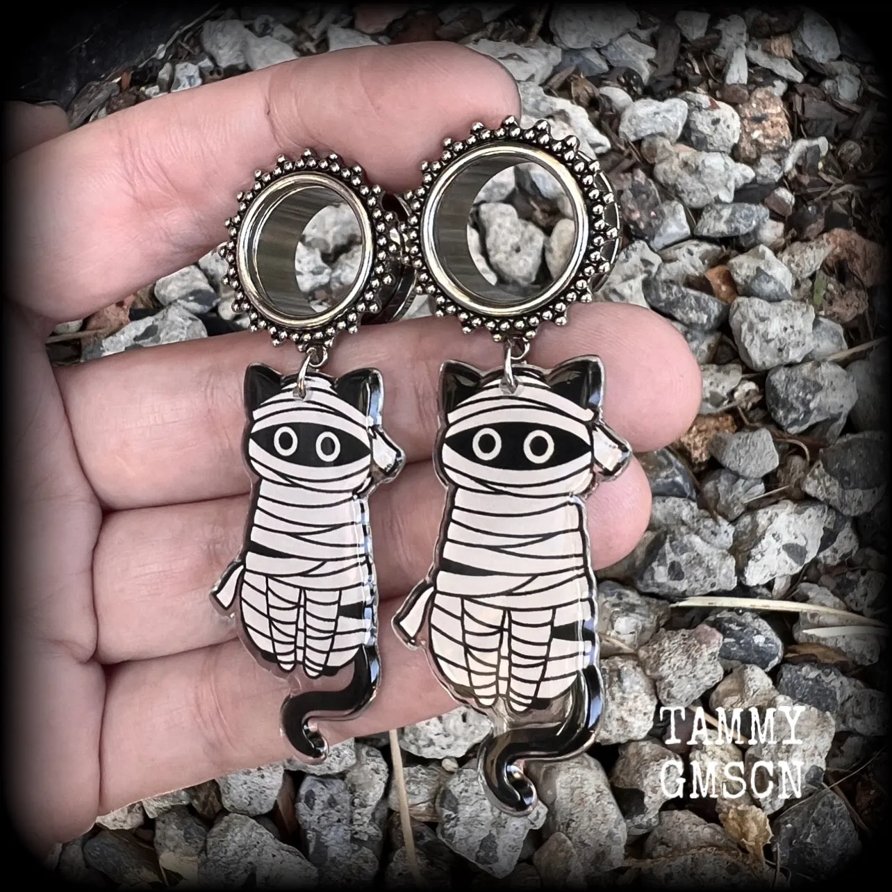 Halloween cat earrings-The Mummy tunnel dangles