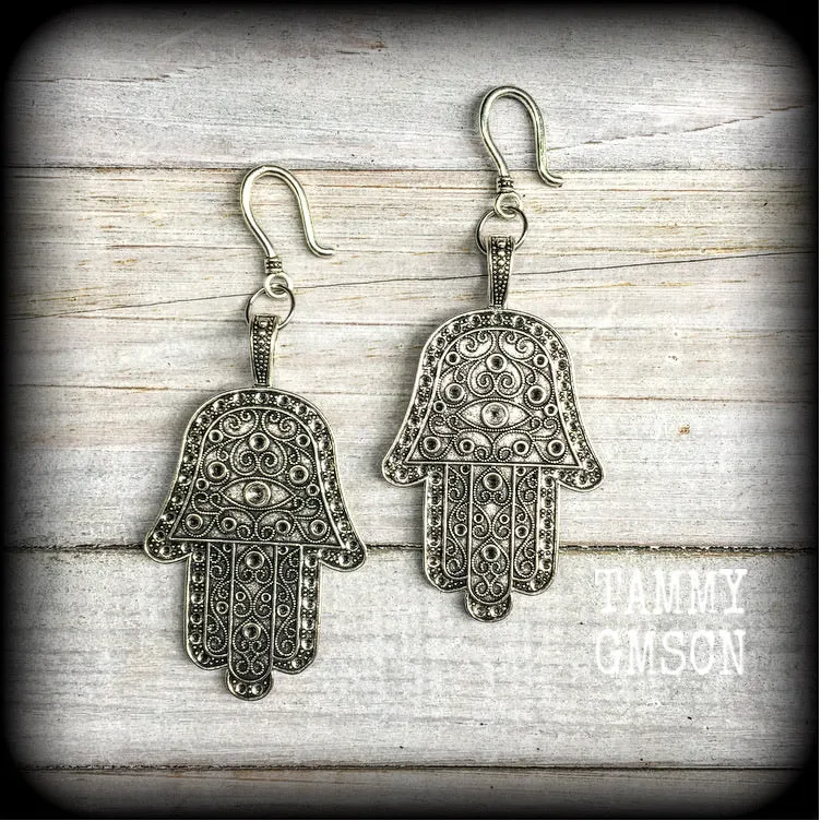 Hamsa hand ear hangers-Hand of Fatima earrings