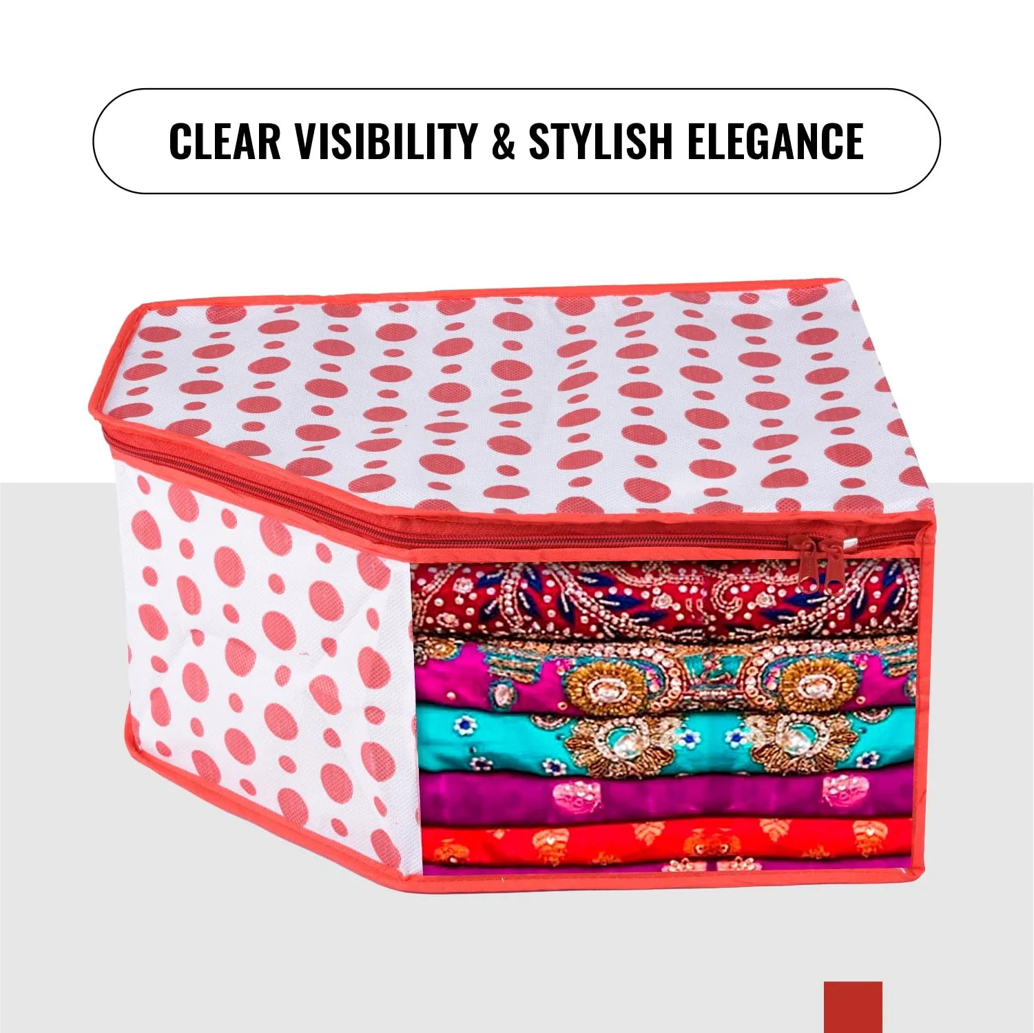 Kuber Industries Blouse Cover | Clothes Storage Bag | Zipper Wardrobe Organizers | Non-Woven Clothes Organiser | Side Transparent Blouse Organizer | Dot-Design | Pack of 12 | Red