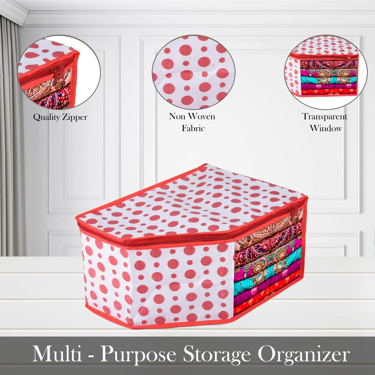 Kuber Industries Blouse Cover | Clothes Storage Bag | Zipper Wardrobe Organizers | Non-Woven Clothes Organiser | Side Transparent Blouse Organizer | Dot-Design | Pack of 12 | Red