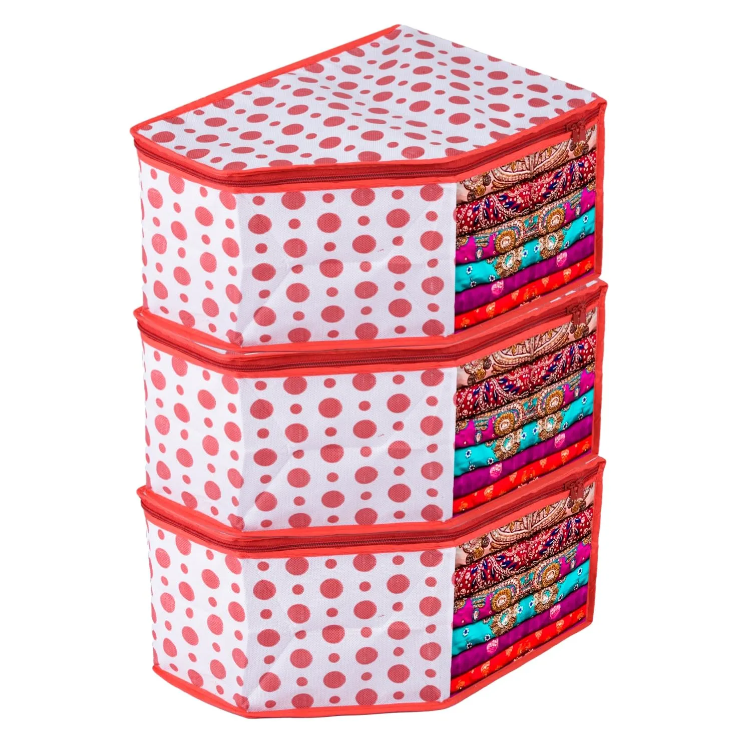 Kuber Industries Blouse Cover | Clothes Storage Bag | Zipper Wardrobe Organizers | Non-Woven Clothes Organiser | Side Transparent Blouse Organizer | Dot-Design | Pack of 3 | Red