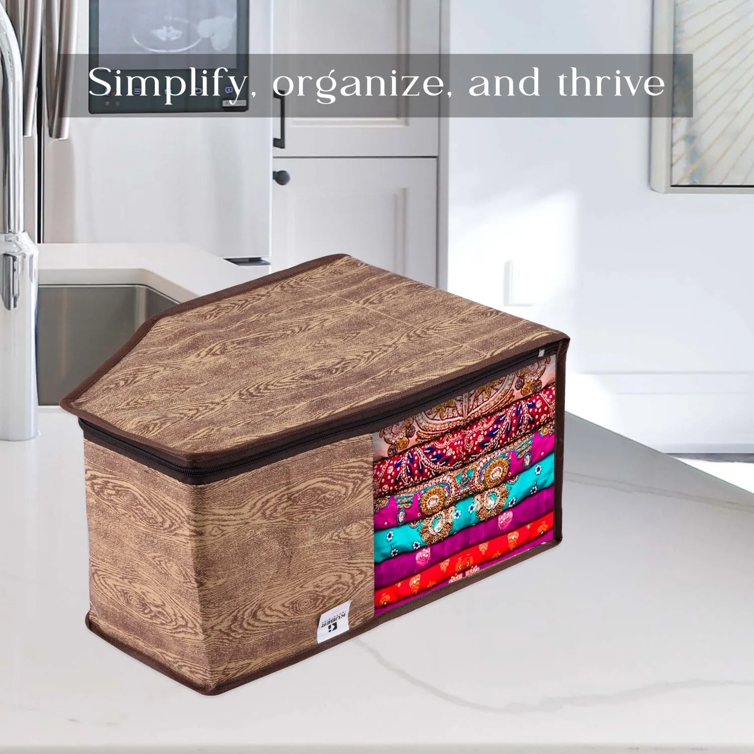 Kuber Industries Blouse Cover | Clothes Storage Bag | Zipper Wardrobe Organizers | Non-Woven Clothes Organiser | Side Transparent Blouse Organizer | Wooden Texture-Design | Pack of 9 | Brown