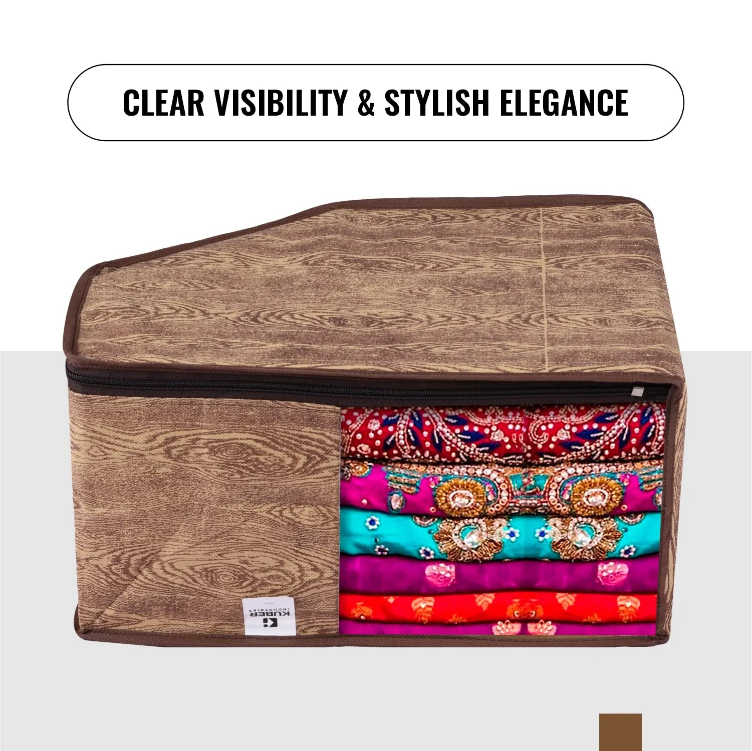 Kuber Industries Blouse Cover | Clothes Storage Bag | Zipper Wardrobe Organizers | Non-Woven Clothes Organiser | Side Transparent Blouse Organizer | Wooden Texture-Design | Pack of 9 | Brown