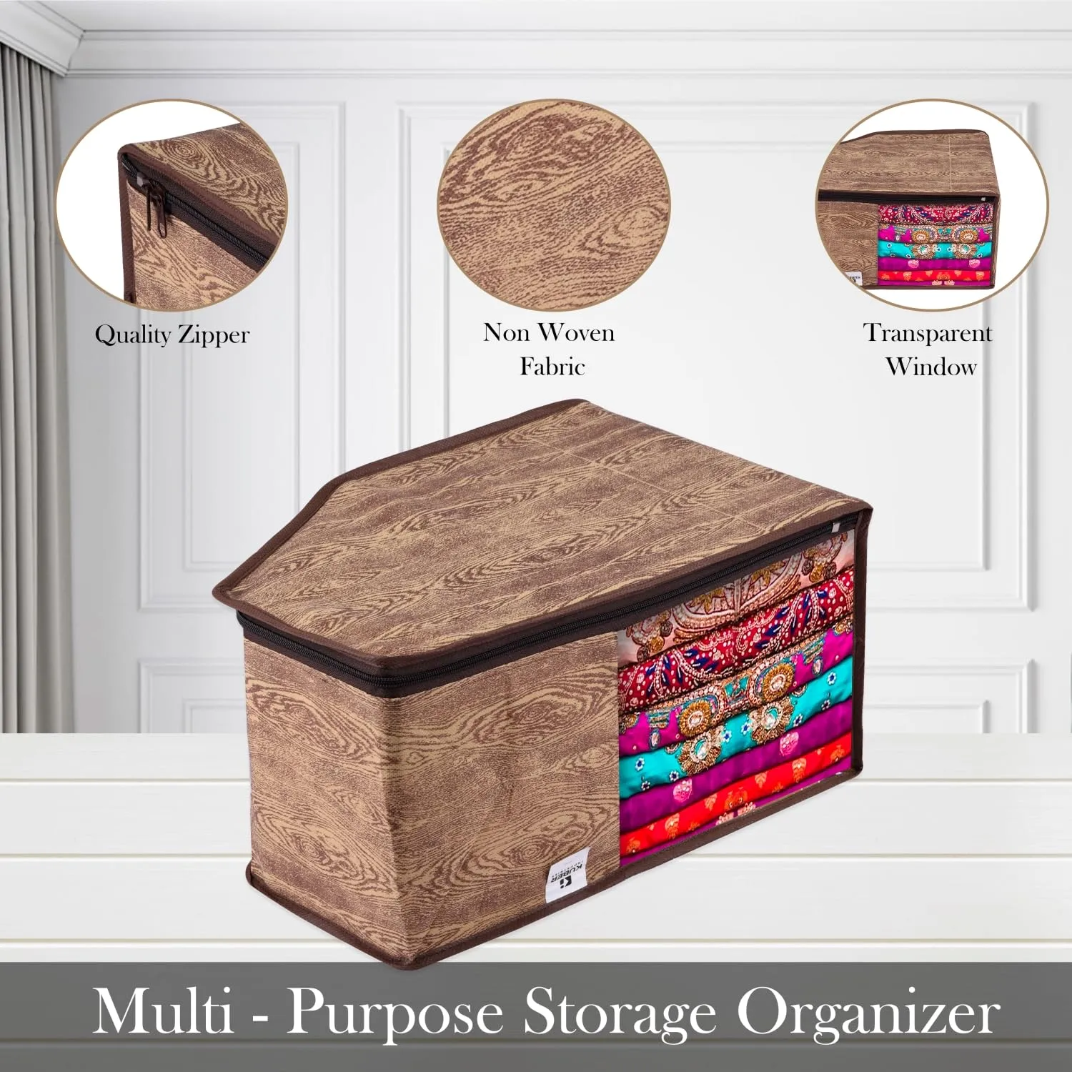 Kuber Industries Blouse Cover | Clothes Storage Bag | Zipper Wardrobe Organizers | Non-Woven Clothes Organiser | Side Transparent Blouse Organizer | Wooden Texture-Design | Pack of 9 | Brown