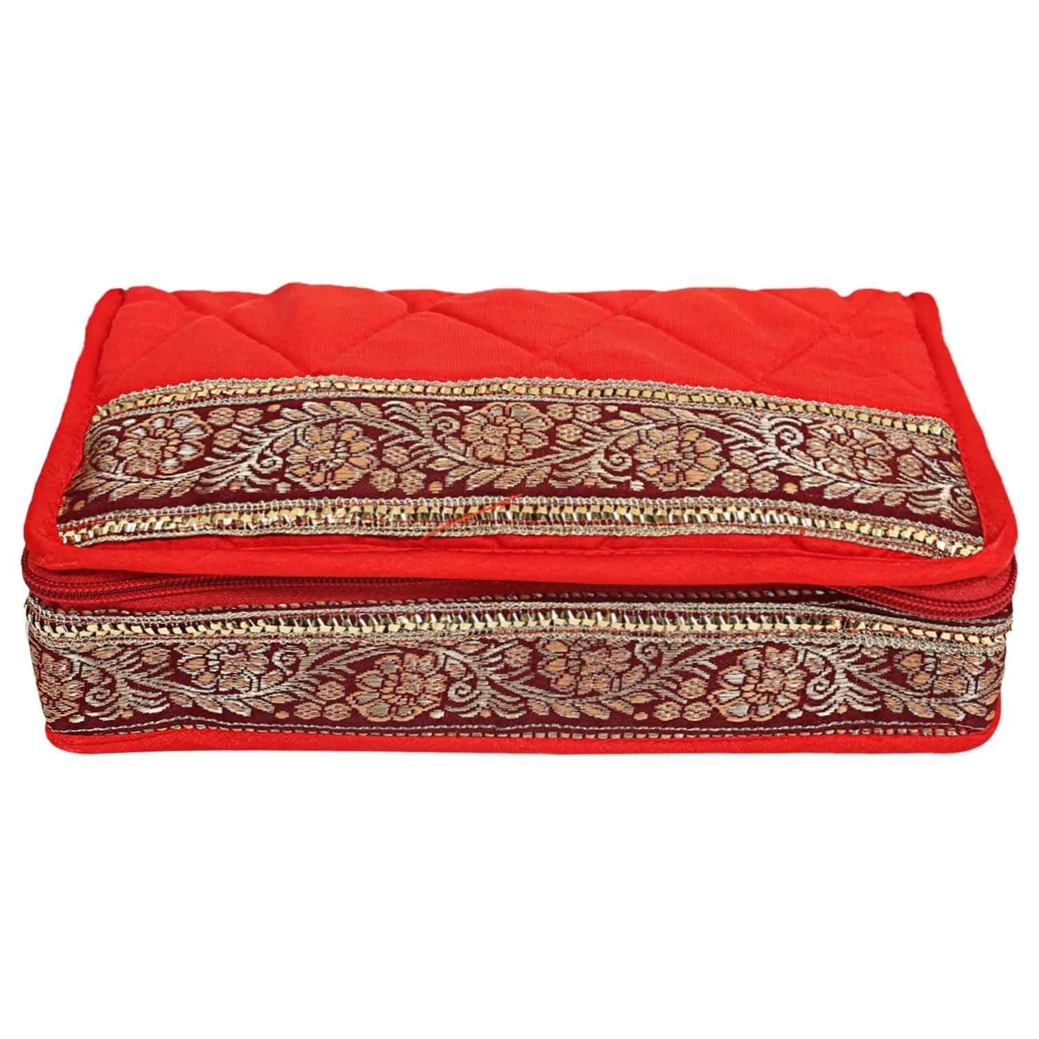Kuber Industries Jewellery Kit | Cotton Red Lace Jewellery Storage Kit | 5 Pouch Travel Kit for woman | Cosmetic Kit for Necklace | Rings | Bracelet | Red