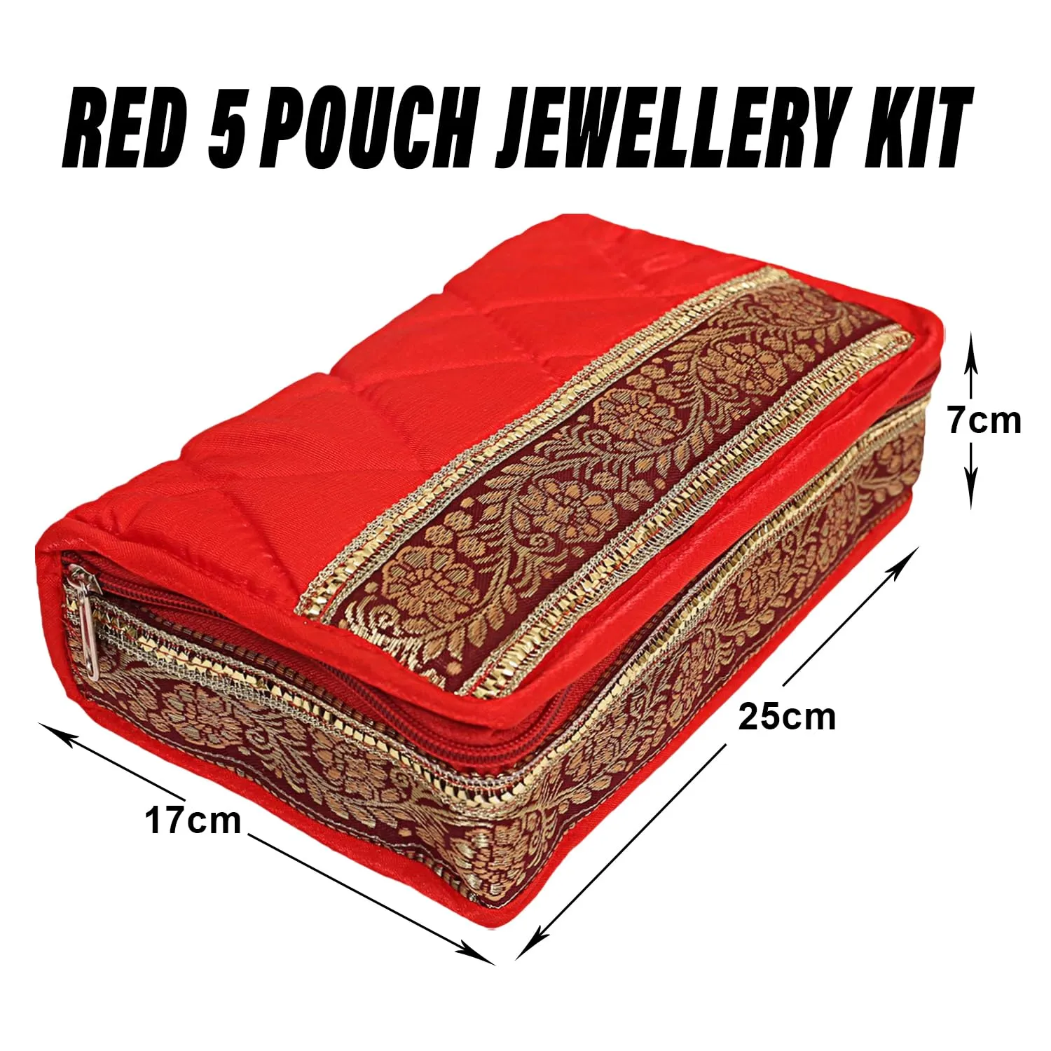 Kuber Industries Jewellery Kit | Cotton Red Lace Jewellery Storage Kit | 5 Pouch Travel Kit for woman | Cosmetic Kit for Necklace | Rings | Bracelet | Red