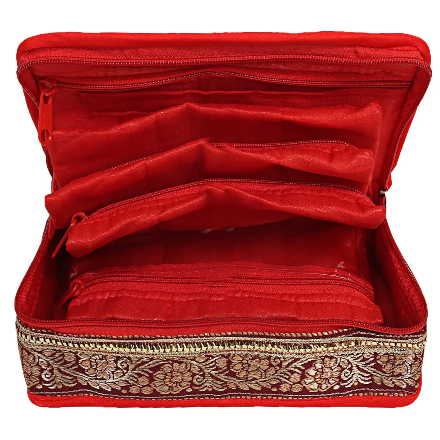 Kuber Industries Jewellery Kit | Cotton Red Lace Jewellery Storage Kit | 5 Pouch Travel Kit for woman | Cosmetic Kit for Necklace | Rings | Bracelet | Red