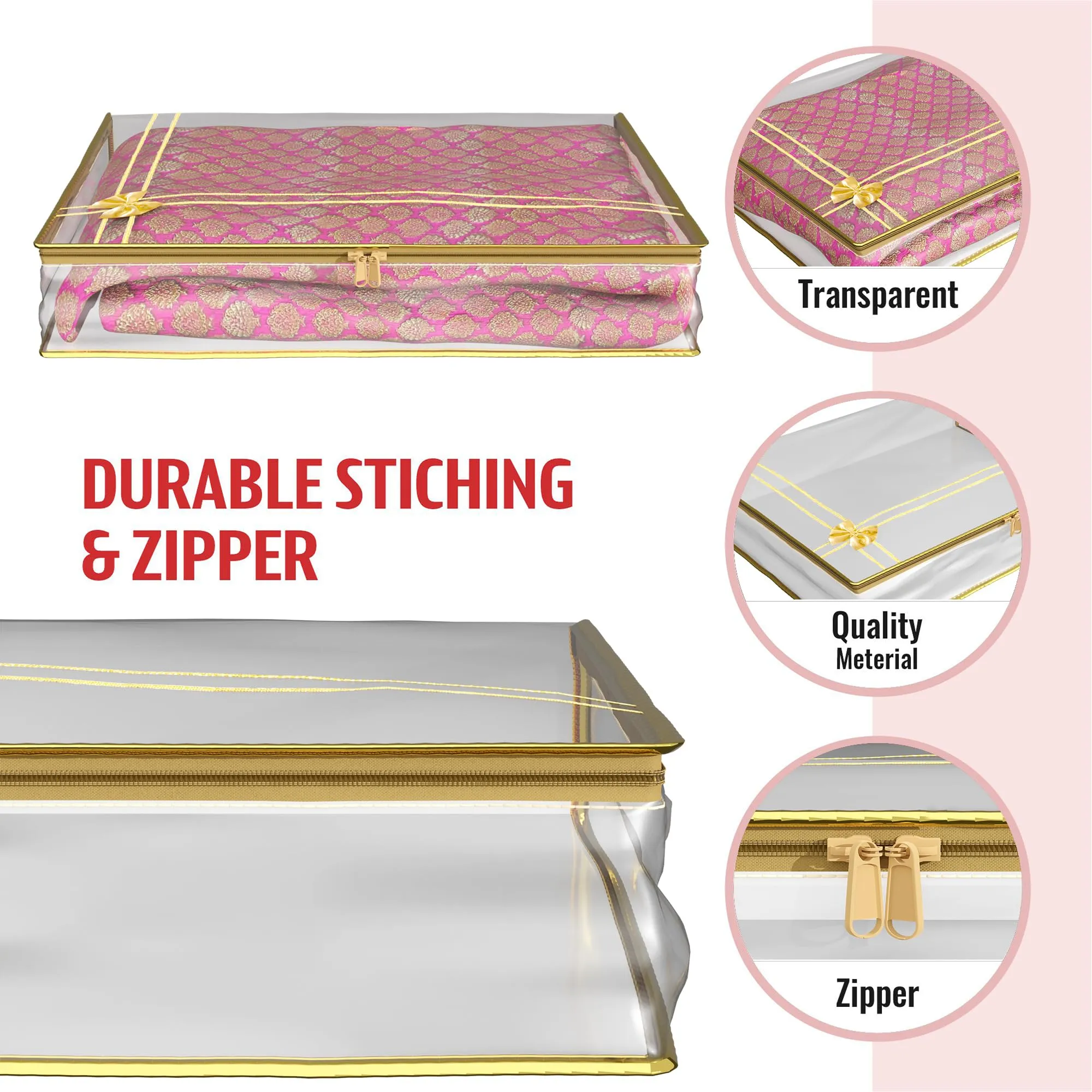 Kuber Industries Saree Cover | Clothes Storage Bag | Suit Packing Cover | Cloth Stoarge Organizer | Wardrobe Cloth Storage Organiser with Zip | Bow Transparent | 3 Inch | Pack of 9 | Golden