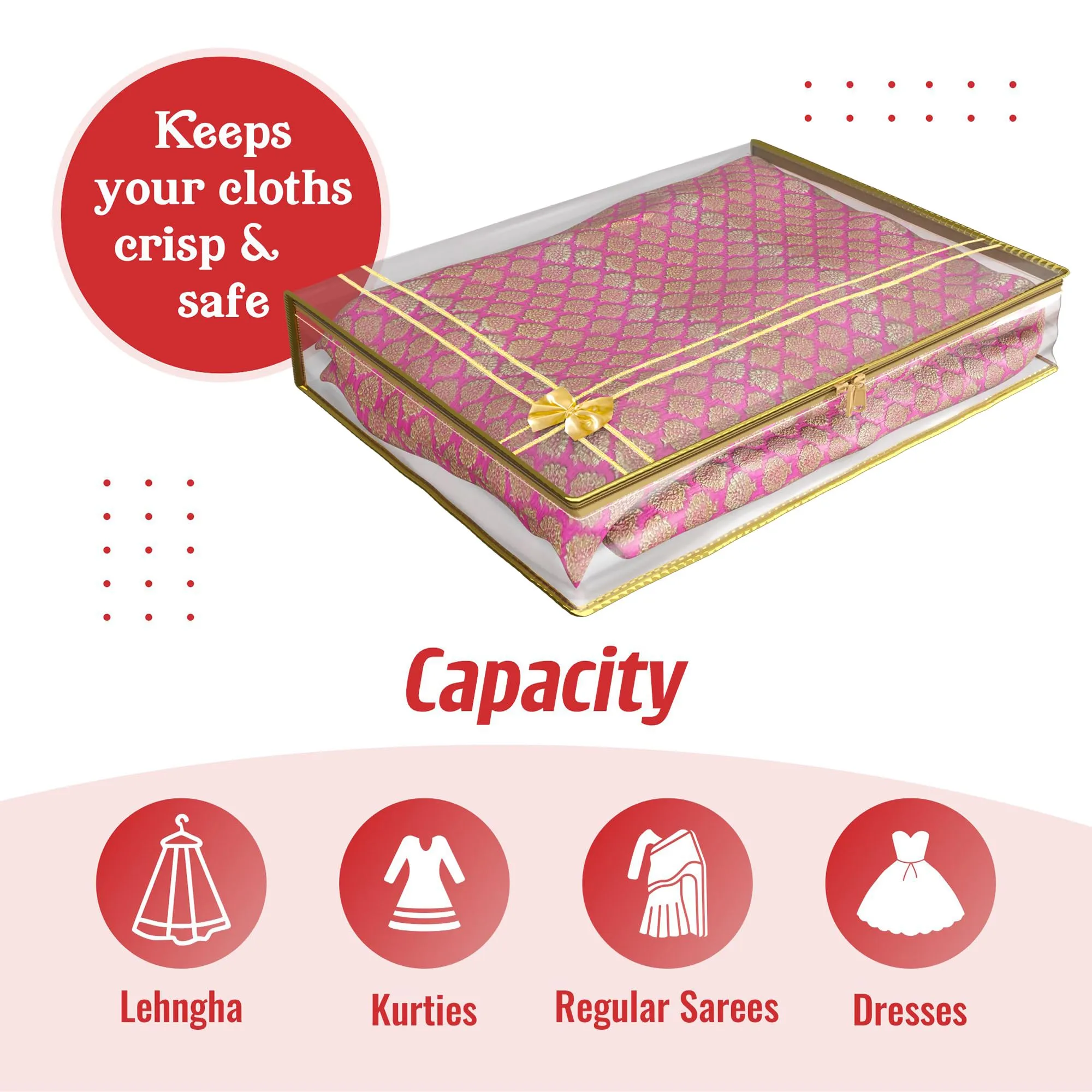 Kuber Industries Saree Cover | Clothes Storage Bag | Suit Packing Cover | Cloth Stoarge Organizer | Wardrobe Cloth Storage Organiser with Zip | Bow Transparent | 3 Inch | Pack of 9 | Golden