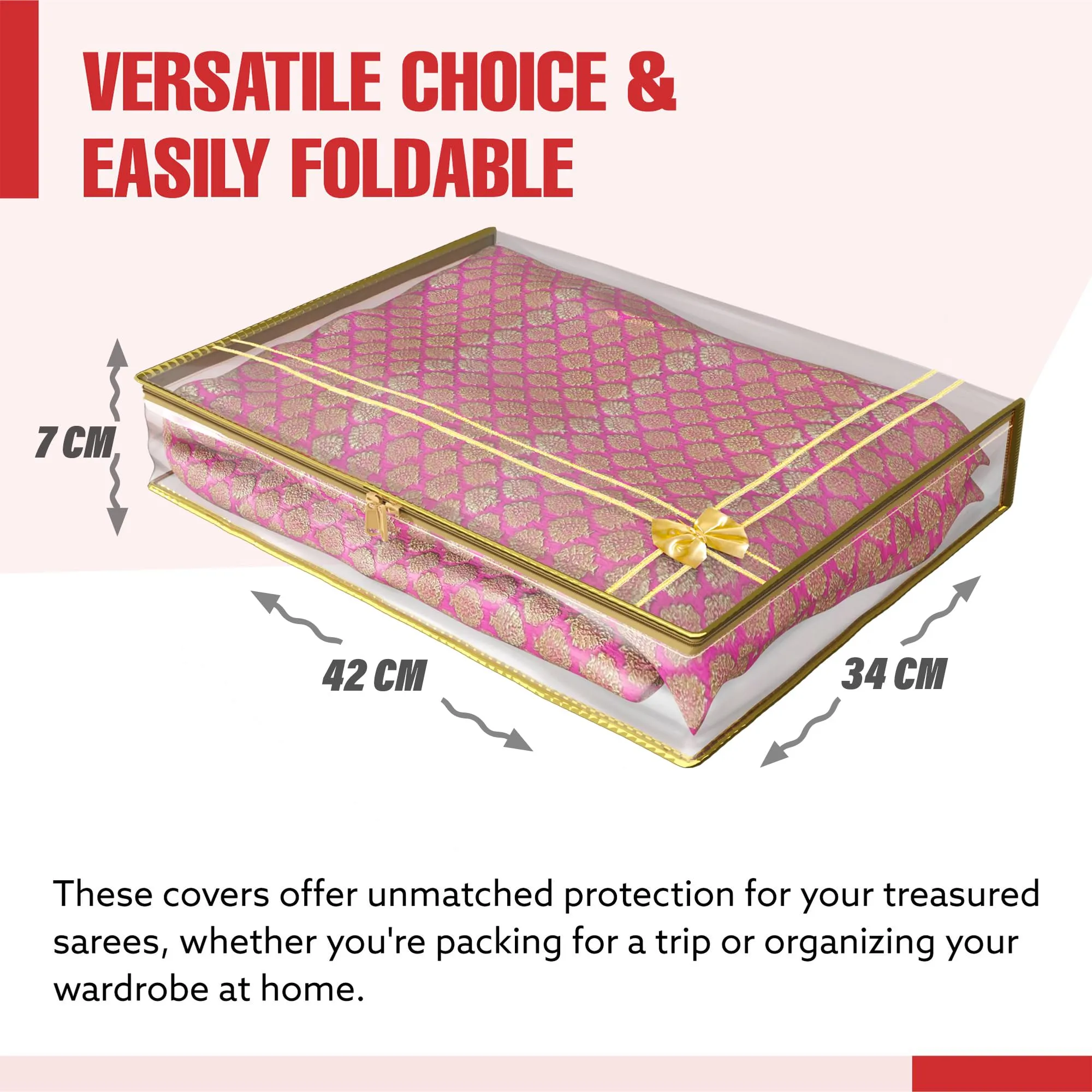 Kuber Industries Saree Cover | Clothes Storage Bag | Suit Packing Cover | Cloth Stoarge Organizer | Wardrobe Cloth Storage Organiser with Zip | Bow Transparent | 3 Inch | Pack of 9 | Golden