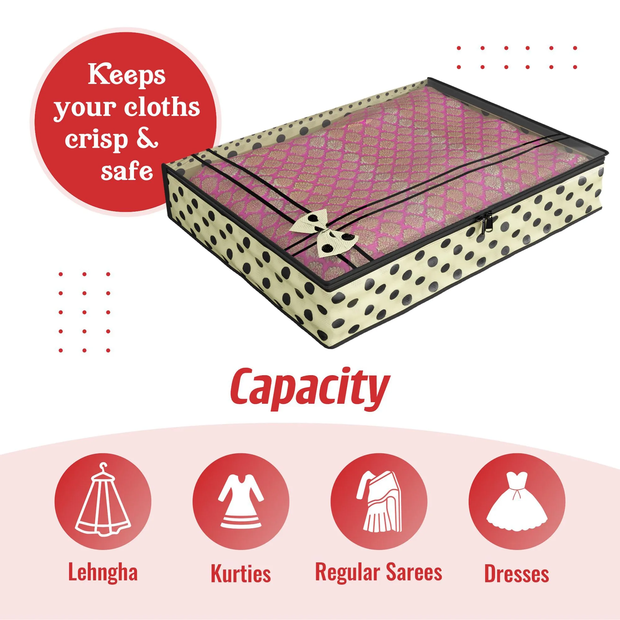 Kuber Industries Saree Cover | Clothes Storage Bag | Suit Packing Cover | Cloth Stoarge Organizer | Wardrobe Cloth Storage Organiser with Zip | Dot Bow-Design | 3 Inch | Pack of 12 | Cream