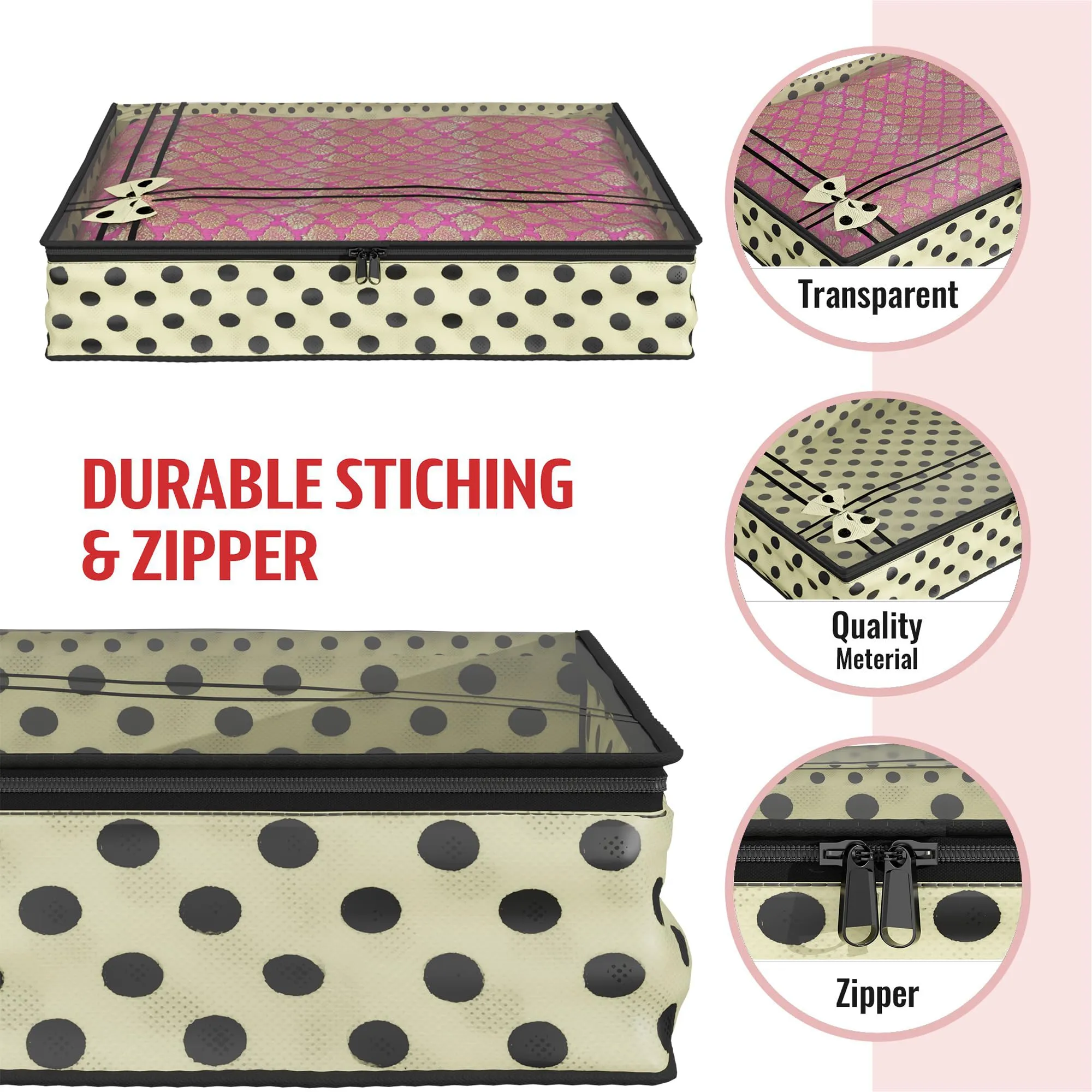 Kuber Industries Saree Cover | Clothes Storage Bag | Suit Packing Cover | Cloth Stoarge Organizer | Wardrobe Cloth Storage Organiser with Zip | Dot Bow-Design | 3 Inch | Pack of 12 | Cream