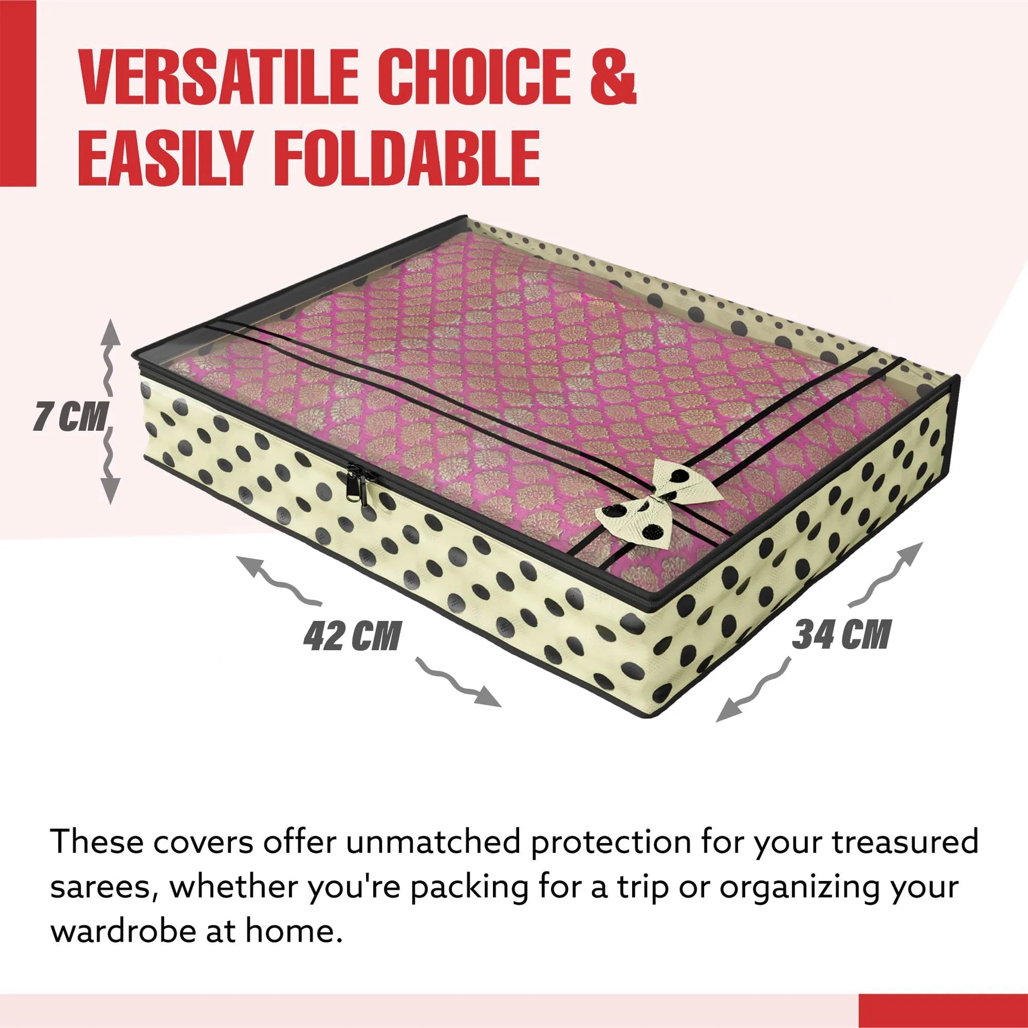 Kuber Industries Saree Cover | Clothes Storage Bag | Suit Packing Cover | Cloth Stoarge Organizer | Wardrobe Cloth Storage Organiser with Zip | Dot Bow-Design | 3 Inch | Pack of 12 | Cream