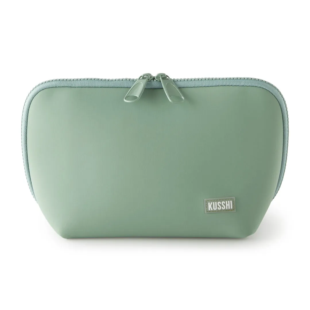 Kusshi Neoprene Makeup Bag Sage with Coral Rose Interior