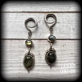 Labradorite gauged earrings-Gemstone ear hangers