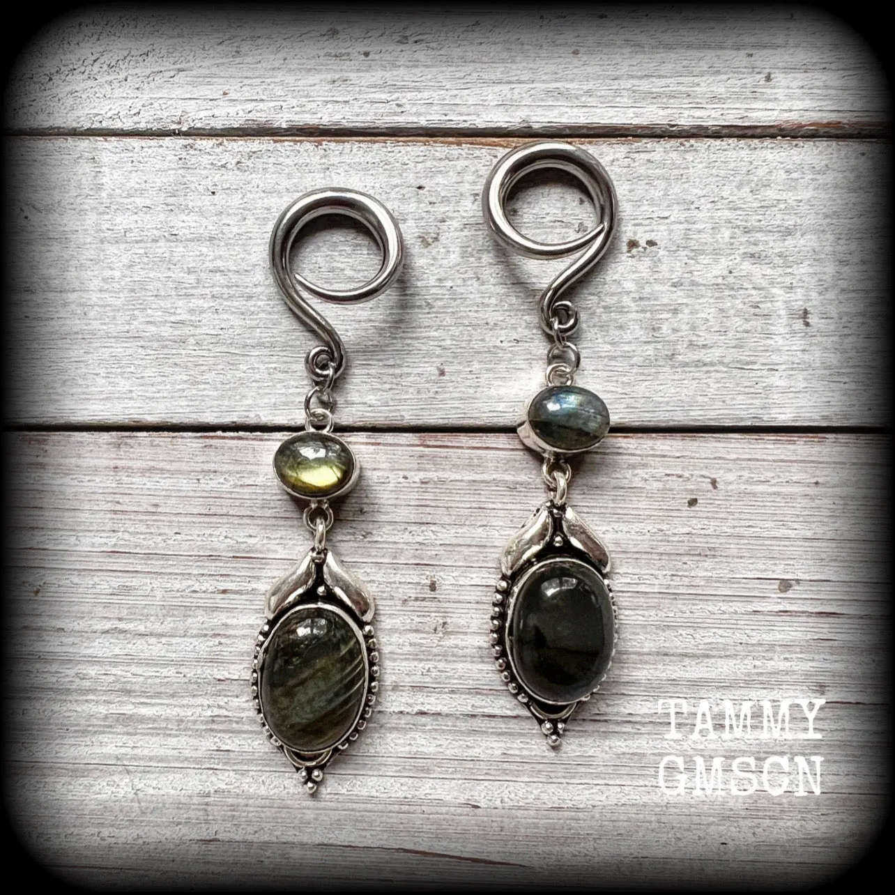 Labradorite gauged earrings-Gemstone ear hangers