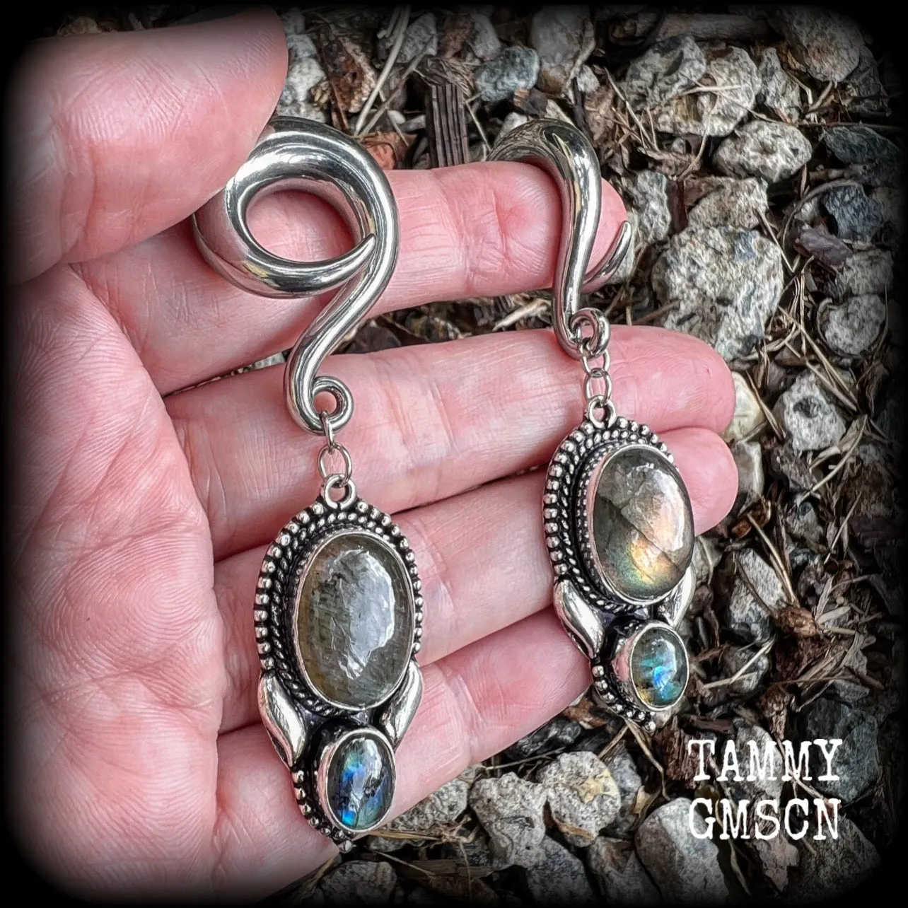Labradorite gauged earrings-Gemstone ear weights