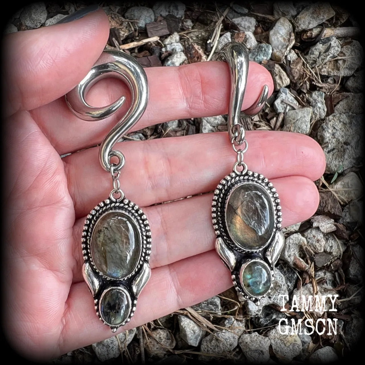 Labradorite gauged earrings-Gemstone ear weights