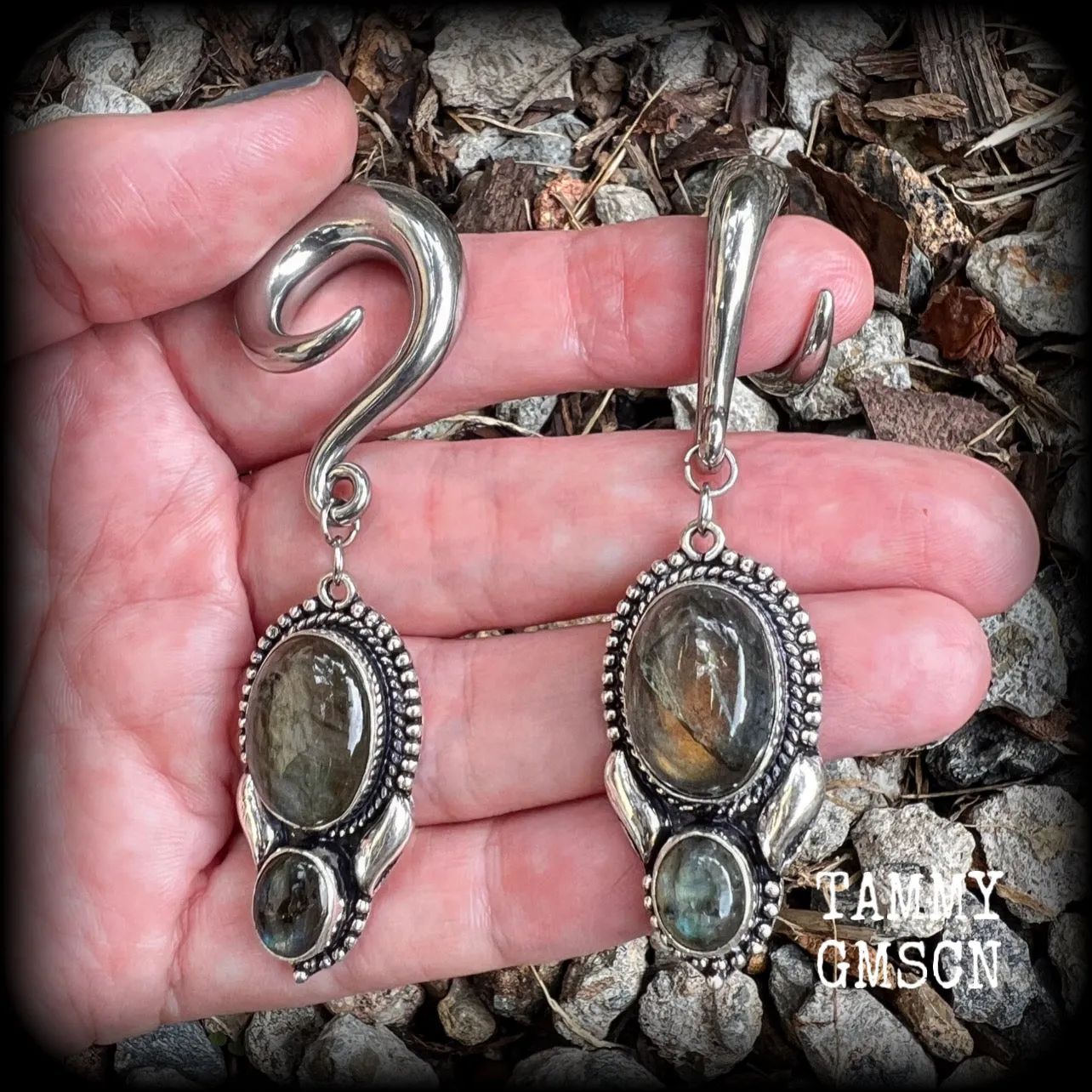 Labradorite gauged earrings-Gemstone ear weights