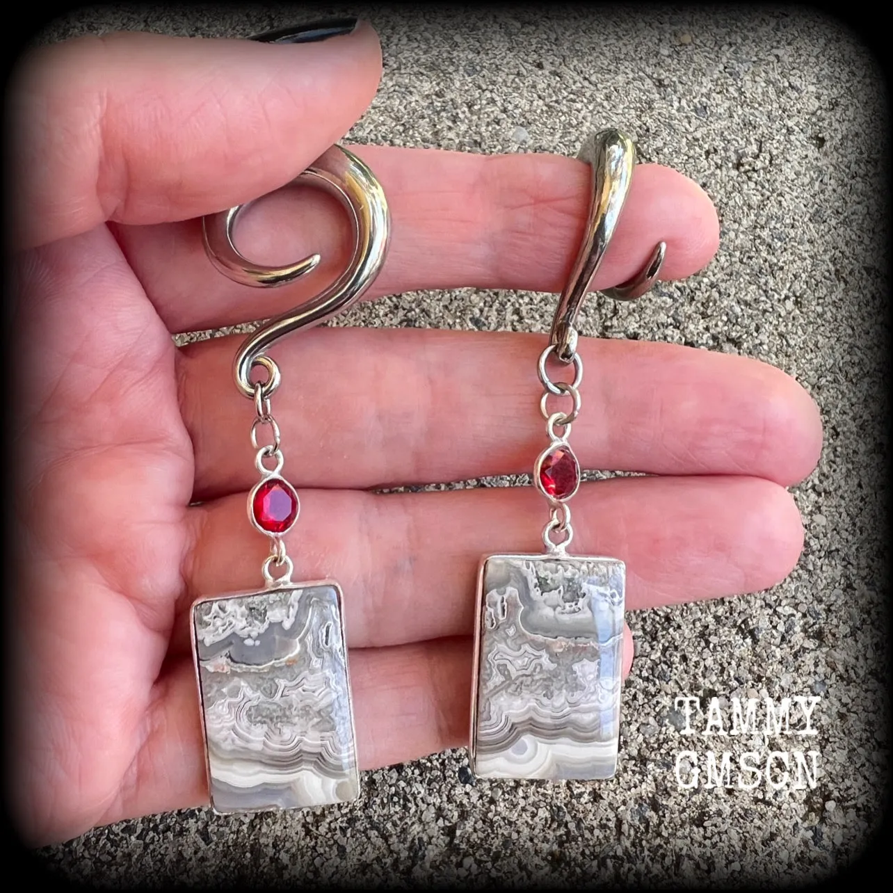 Lace agate and garnet gauged earrings-Gemstone ear hangers