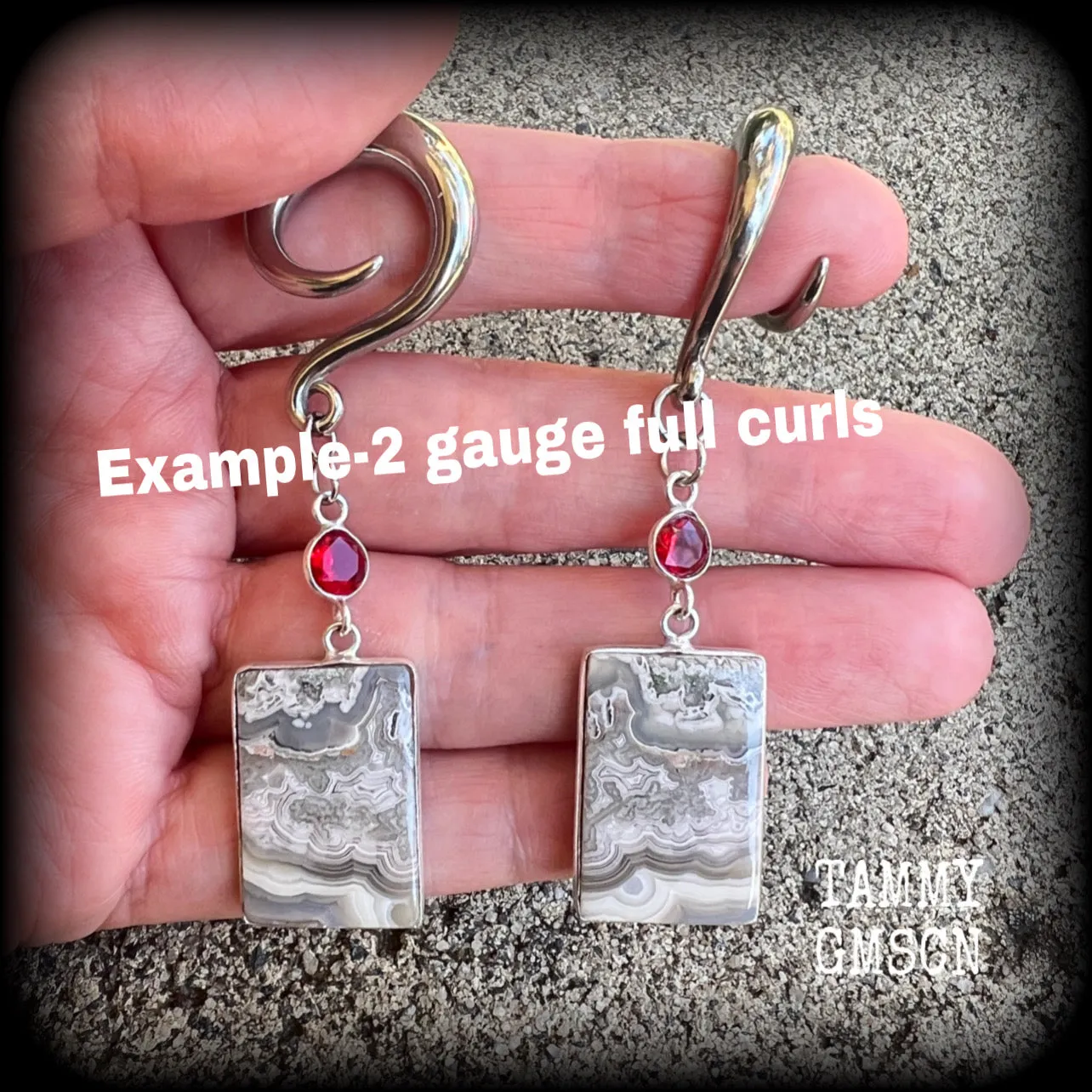 Lace agate and garnet gauged earrings-Gemstone ear hangers