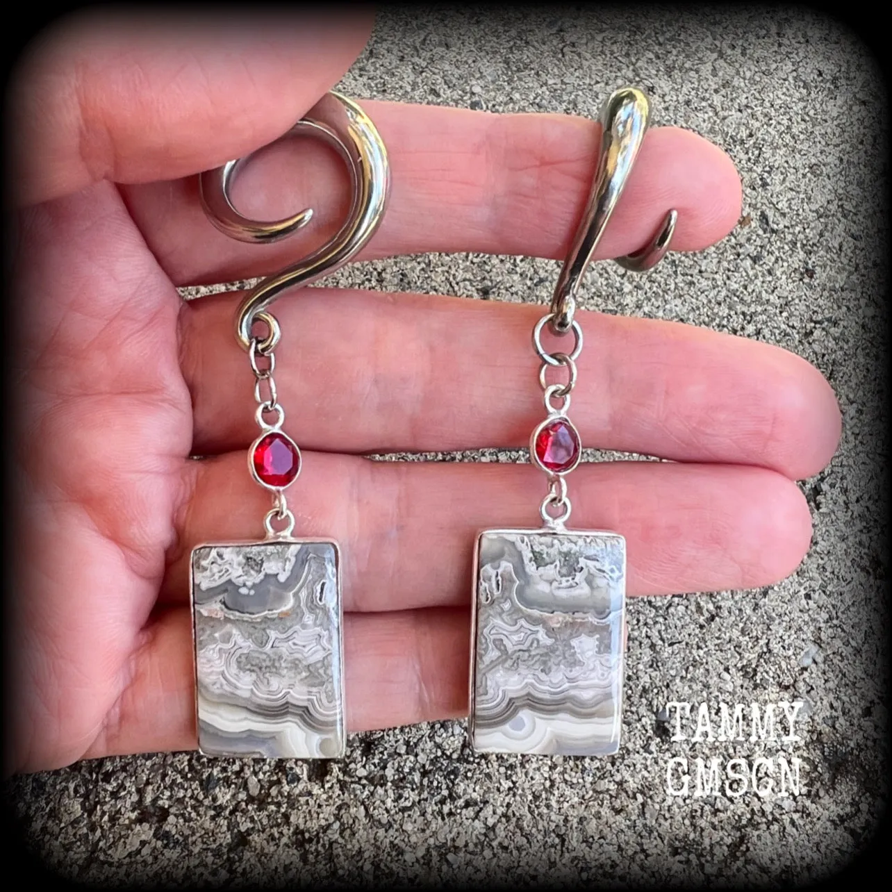 Lace agate and garnet gauged earrings-Gemstone ear hangers