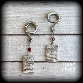 Lace agate and garnet gauged earrings-Gemstone ear hangers