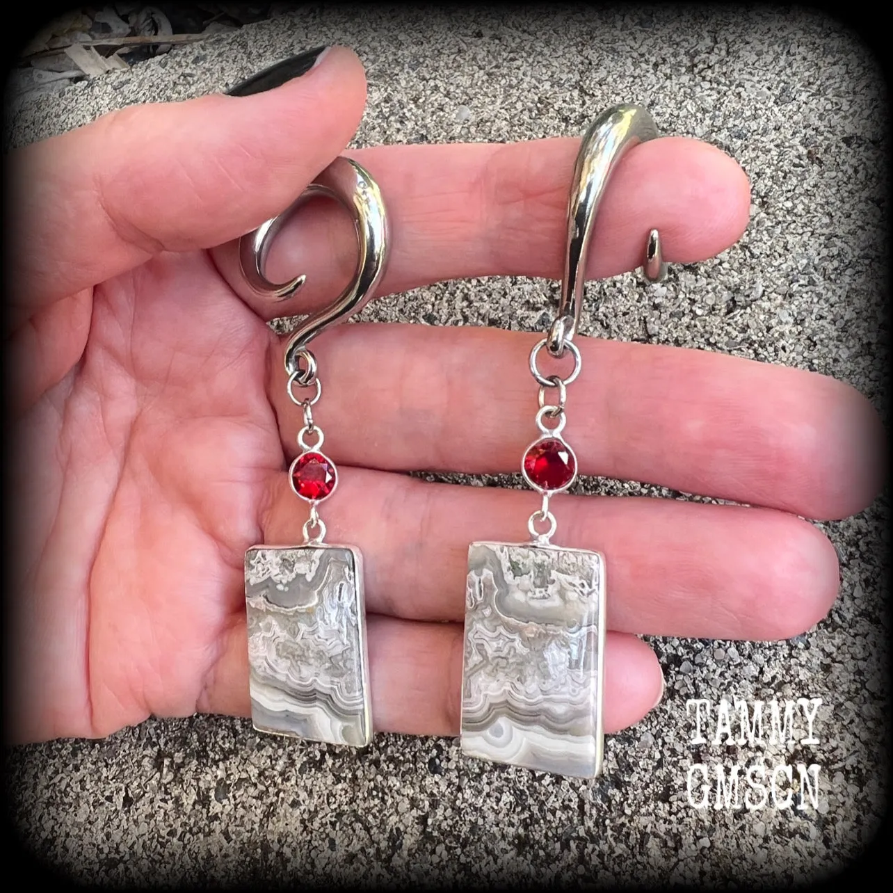 Lace agate and garnet gauged earrings-Gemstone ear hangers