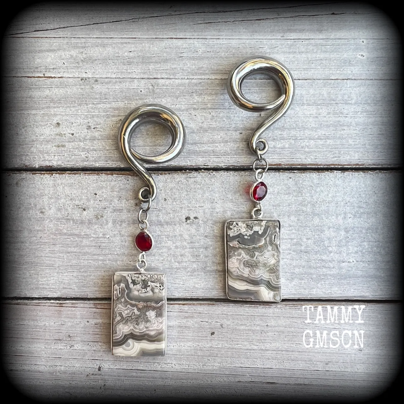 Lace agate and garnet gauged earrings-Gemstone ear hangers
