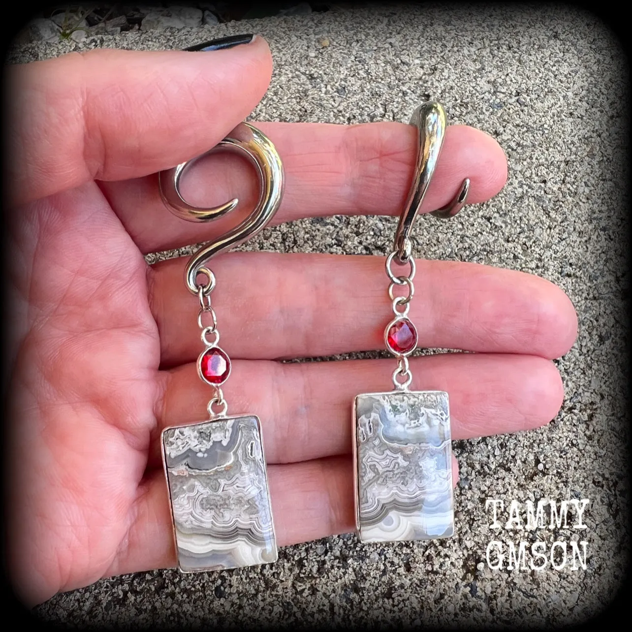 Lace agate and garnet gauged earrings-Gemstone ear hangers