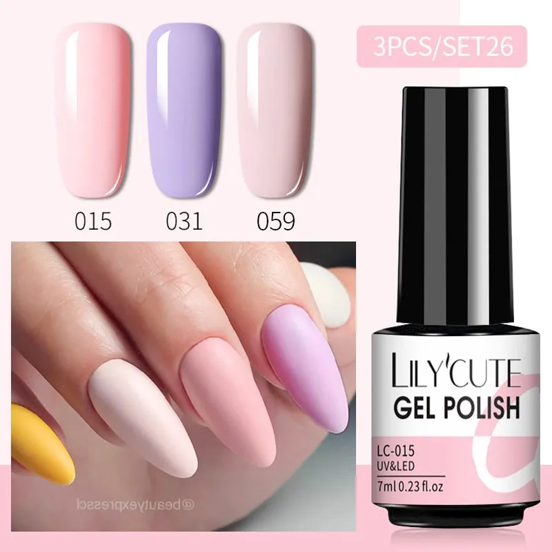 LILYCUTE 3PCs Rose Gold Gel Nail Polish Manicure Set Glitter Nail Gel Semi Permanent Base Top Coat UV Gel Nail Art Design Hybrid