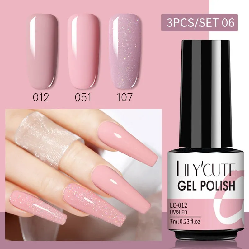 LILYCUTE 3PCs Rose Gold Gel Nail Polish Manicure Set Glitter Nail Gel Semi Permanent Base Top Coat UV Gel Nail Art Design Hybrid