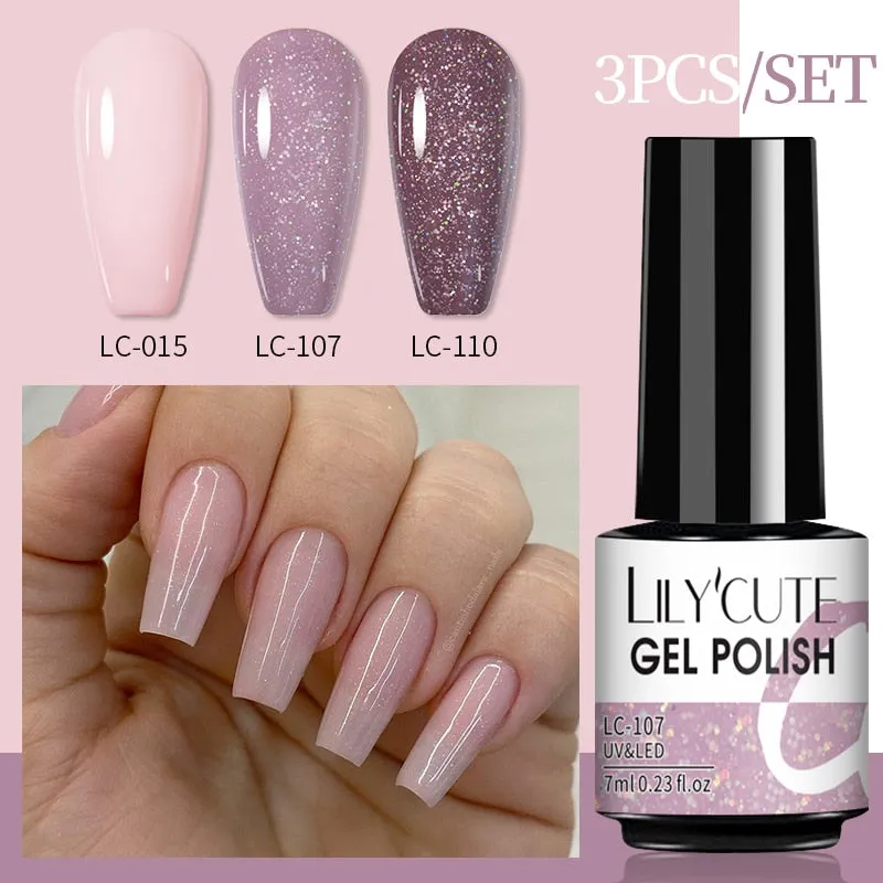 LILYCUTE 3PCs Rose Gold Gel Nail Polish Manicure Set Glitter Nail Gel Semi Permanent Base Top Coat UV Gel Nail Art Design Hybrid