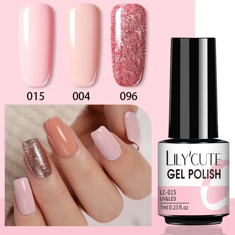 LILYCUTE 3PCs Rose Gold Gel Nail Polish Manicure Set Glitter Nail Gel Semi Permanent Base Top Coat UV Gel Nail Art Design Hybrid
